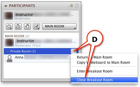 To close all breakout rooms go to the Room menu and select Close All Breakout Rooms. To close one breakout room, go to that room s Options menu and select Close Breakout room.