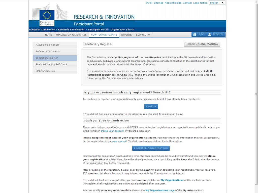Search into the Commission's database to see whether your organisation already