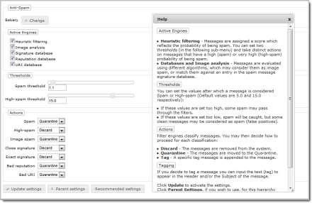 Figure 4-7 Example of help activated for Anti-spam submenu 4.2.