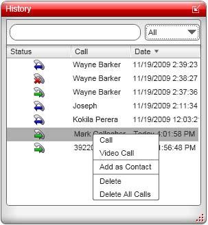 3.2 History Tab The History tab shows a record of calls that have occurred while IP Office Softphone is running.