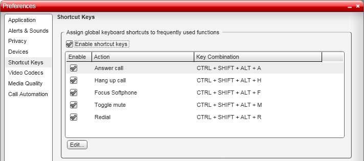 4.5 Shortcut Keys Configuring Preferences: Devices This menu allows you to select whether you want to use shortcut key combinations for certain actions and to edit what those key