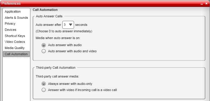 4.8 Call Automation Configuring Preferences: Media Quality These settings let you configure how you want auto answer to handle incoming calls, when Auto Answer is
