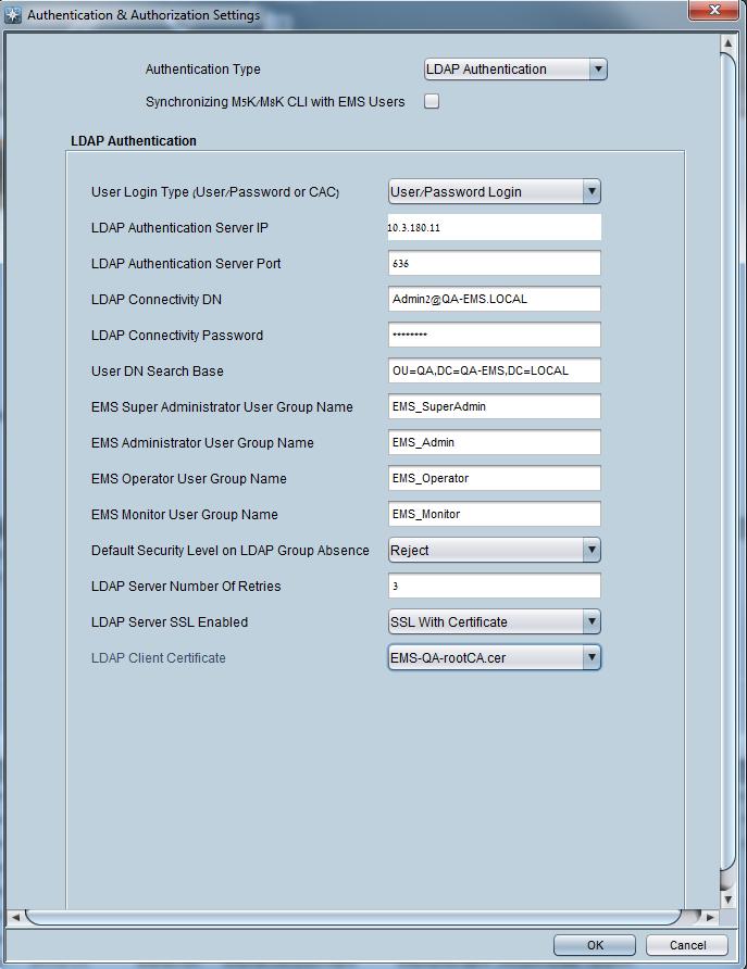 2 platform, open the LDAP Authentication & Authorization Settings screen (EMS Main menu: Security > Authentication & Authorization). 2.