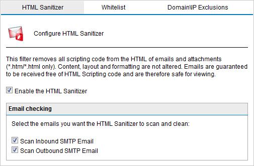 Screenshot 64: HTML Sanitizer configuration page 2. Enable the HTML Sanitizer by selecting Enable the HTML Sanitizer checkbox. 3.