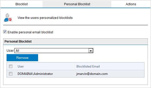 Screenshot 72: Personal blocklist 2. Select Personal Blocklist tab and select or unselect Enable personal email blocklist to enable or disable personal blocklist feature. 3. Click Apply.
