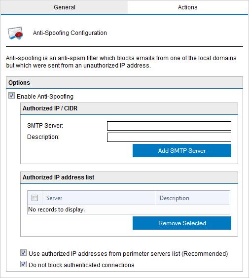 Screenshot 77: GFI MailEssentials Anti-Spoofing filter 2. Select Enable Anti-Spoofing to enable Anti-Spoofing filter. 3.