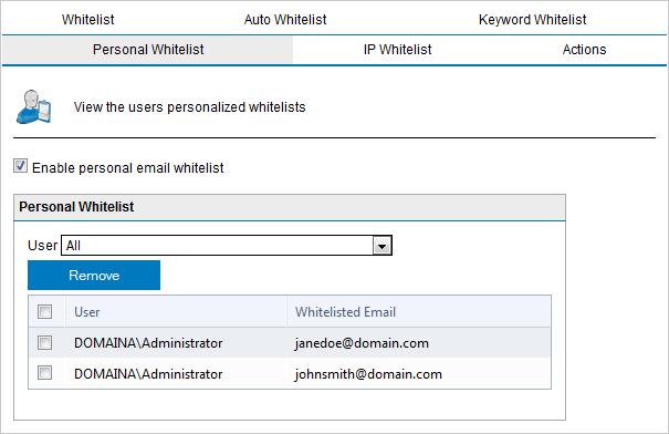 Option Enable IP Whitelist Add IP Whitelist entries Select to allow emails received from specific IP addresses to be whitelisted. 1.