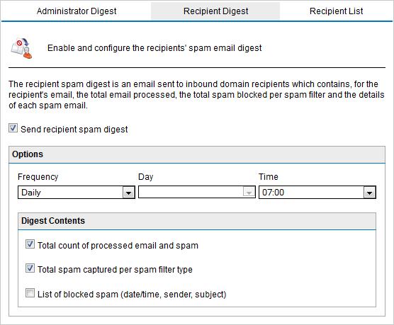 Screenshot 92: Recipient spam digest 2. From the Recipient Digest tab, select Send recipient spam digest to enable spam digest. 3.