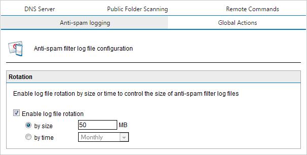Screenshot 94: Log file rotation 2. From the Anti-spam logging tab, select Enable log file rotation and specify the rotation condition (by size or by time). 3.