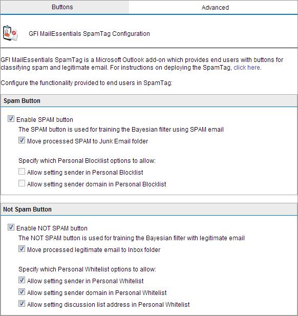 2. From the Spam Button area configure the features related to false-negatives, that is, when spam emails are not detected as spam: Option Enable SPAM button Move processed SPAM to Junk Email folder