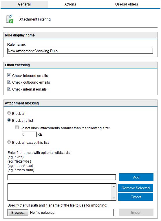 Screenshot 103: Attachment Filtering: General Tab 3. Specify a name for the rule in the Rule name text box. 4. Select whether to scan inbound, outbound and/or internal emails.