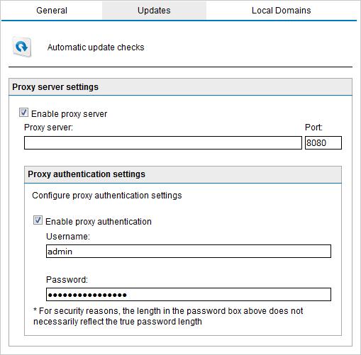 Screenshot 131: Updates server proxy settings 2. Select the Enable proxy server checkbox. 3. In the Proxy server field key in the name or IP address of the proxy server. 4.