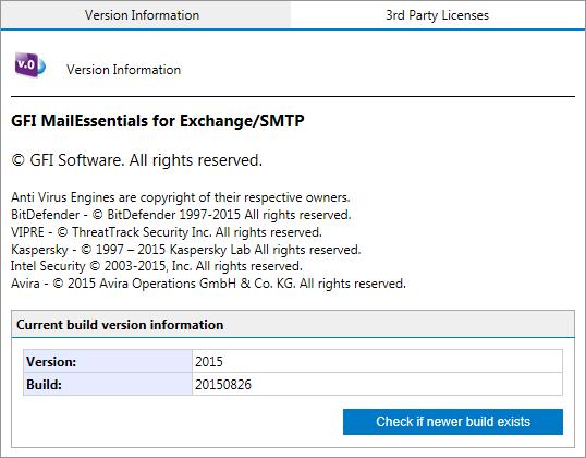 10.1 Installation information Screenshot 138: Version Information page To view the GFI MailEssentials version information, navigate to About node.