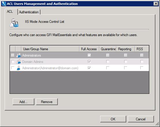 Screenshot 140: IIS Security - ACL tab 3. Click Add... and provide the name of the user or group to add to the list. 4. Select the type of access to grant.