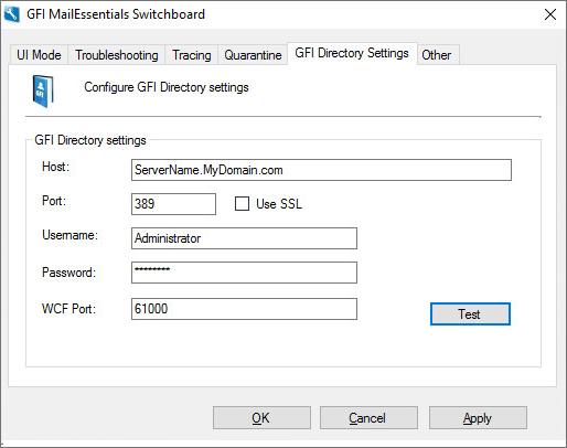 Screenshot 142: GFI MailEssentials Switchboard - GFI Directory settings 2. Go to the GFI Directory Settings tab and configure: Option Host Specify the host name of the GFI Directory server.