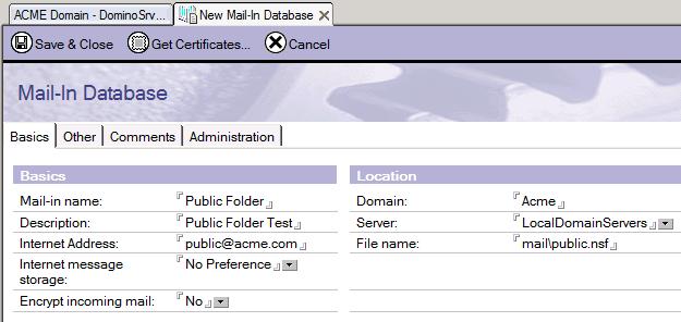Screenshot 13: New mail-in database 7. From the Lotus Notes Administrator, configure the folder for mail usage. Go to People and Groups and select Mail-In Database.