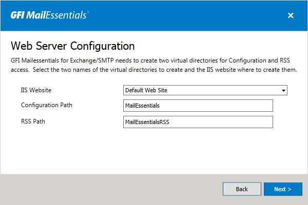 Screenshot 16: Web server and virtual directory details 8. In the Web Server Setup dialog, configure the following options: Default settings are typically correct for most installations.