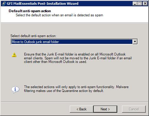 Screenshot 22: Selecting the default anti-spam action to use 6. In the Default anti-spam action dialog select the default action to be taken when emails are detected as spam.