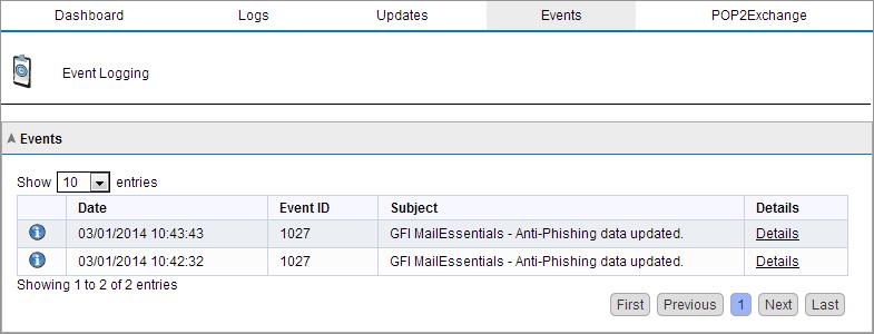 3.1.4 Event logs Screenshot 32: Event logs From GFI MailEssentials Configuration, you can monitor important events related to the functionality of GFI MailEssentials.