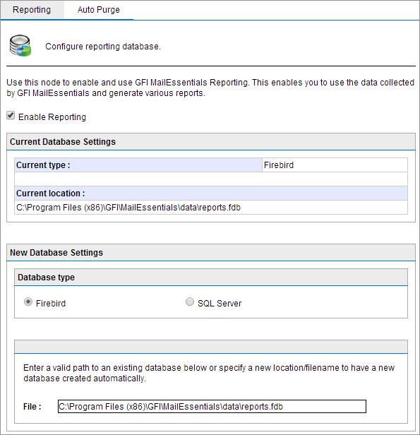 Configuring a Firebird database backend Screenshot 38: Configuring a Firebird database backend 1. Navigate to Reporting > Settings. 2. From the Database Type box, select Firebird. 3. Key in the complete path including file name and.