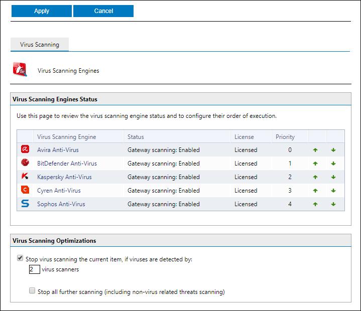 Screenshot 41: Virus Scanning Engine priority list Administrators can have an overview of the antivirus engines' statuses and alter the order used to scan the emails.