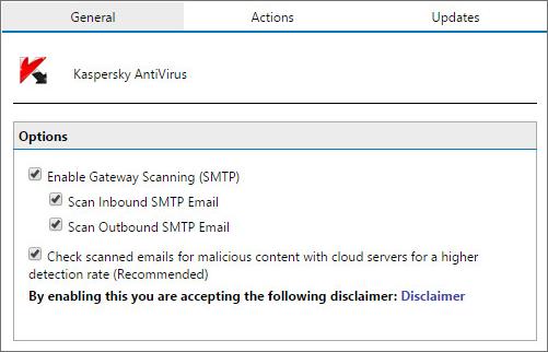 Screenshot 48: Kaspersky configuration 2. Select the Enable Gateway Scanning (SMTP) check box to scan emails using this Virus Scanning Engine. 3.