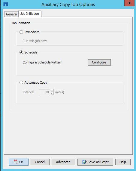 7. In the Job Initiation tab, select the Schedule option to configure a schedule for creating auxiliary copies.