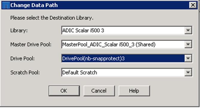 9. From the Drive Pool drop-down list, select the data path to NDMP and click OK to change the data path.