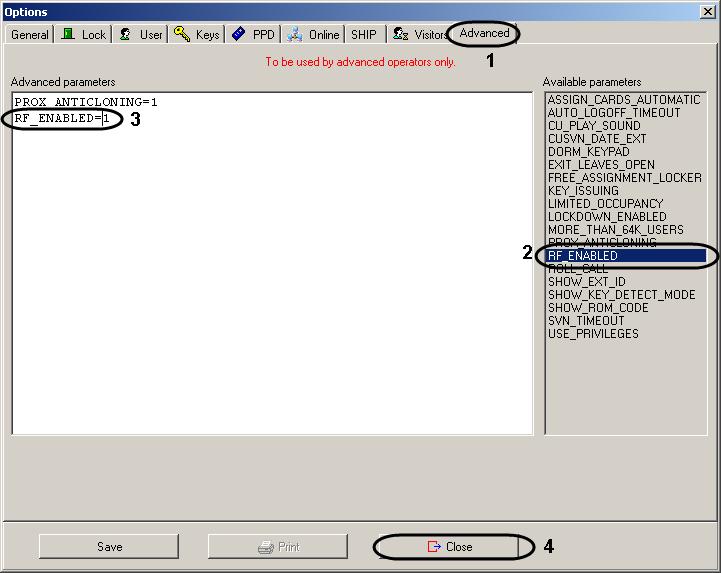 Figure 3.2 11 RF-locks connection 3. In the Available parameters list select the RF_ENABLED object and double click it (Figure 3.2 11, 2). 4.
