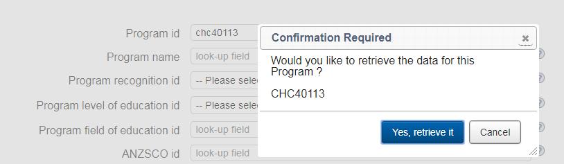 Use the look-up field function to auto populate program data from trainging.gov.au website.