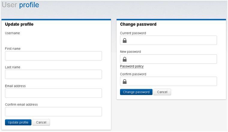 User profile screen Change password Here you can change the password you use to log in. Update profile Here you can update the name and email address associated with your account.