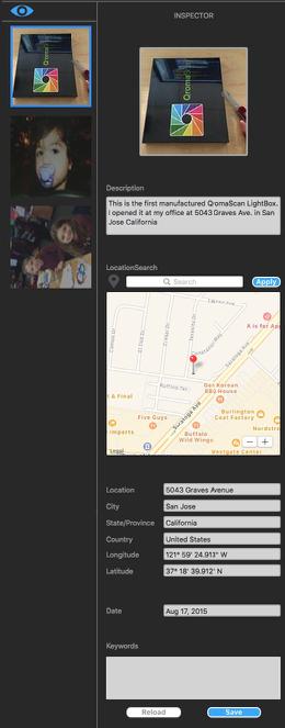 The Inspector shows you the photo s existing metadata for Description, Location, Data or Keywords in black text.