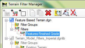 4. Create a filter to select the terrain break lines. a. Click the active design file heading - Feature Based Terrain.dgn. b. Click the Create Filter button located at the top of the dialog box.