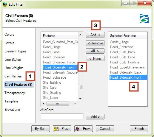 g. To add features, follow the numbered steps as in the image below. 1 - Select Civil Features as the main search criteria. 2 - Select the Feature(s) to be added to the filter.