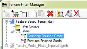 5. Create an additional filter to select the terrain boundary. a. Click the active design file heading - Feature Based Terrain.dgn. b. Click the Create Filter button located at the top of the dialog box.