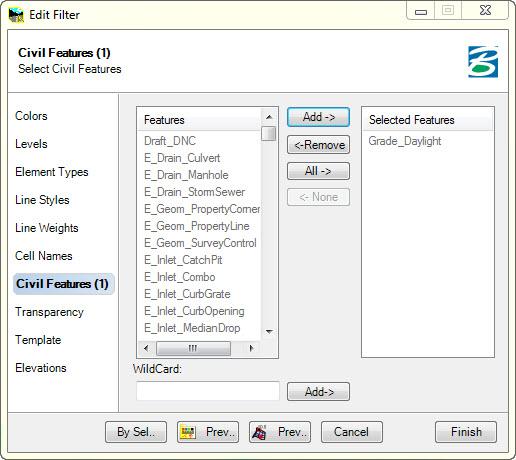 h. To add features, you will follow the same procedure as was used in building the previous filter. 1 - Select Civil Features as the main search criteria.