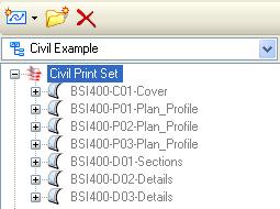 Print Organizer 7 Expand the Civil Print Set. 8 Right click any file link and select Print Organizer. Print Organizer opens with the Civil Print Set.pset file open and the selected sheet highlights.