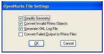 Format Interchange The OpenNurbs File Settings dialog opens when you click Options button after selecting a 3DM file from the Open dialog (File > Open) or Import dialog (File > Import > CAD File).