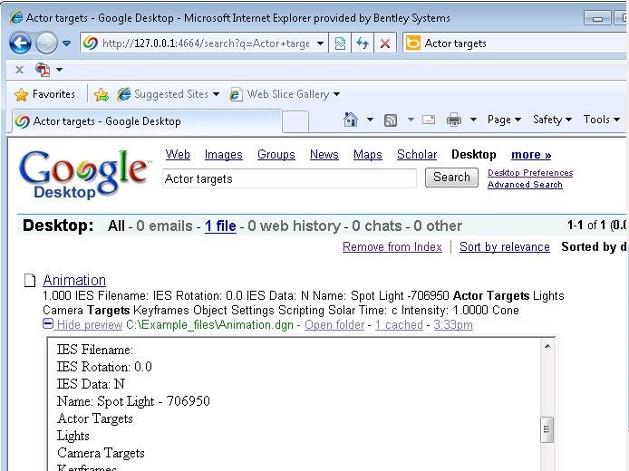 Module Review When you search for a specific text-based element of a DGN file in Windows Search or Google Desktop, you get the name of that DGN file in the search result.