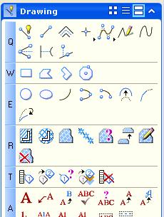 The Drawing Composition s Drawing tasks shown in Panel, Icon, and List modes Panel layout mode shows the tool icons and the keyboard shortcuts.