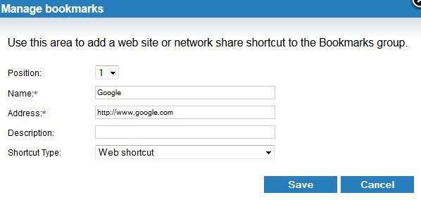 For example, a Web shortcut might be configured as shown below: