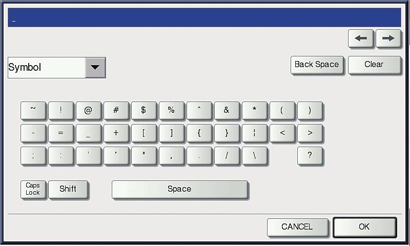 4 APPENDIX Setting Letters Whenever a character string or fax number needs to be entered, an on-screen keyboard is displayed. Enter the characters or digits by touching the button on the screen.