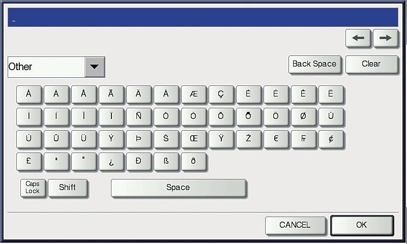 This equipment supports special characters of European languages. On-screen keyboard Item name Description Basic Press this to access the basic keys. Symbol Press this to access the symbol keys.