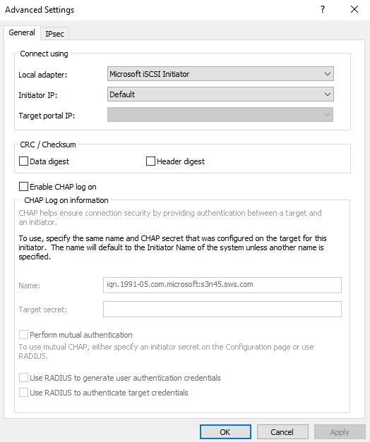 Select Microsoft iscsi Initiator from the Local Adapter