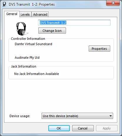 NOTE: Dante Virtual Soundcard stereo pairs will appear as selectable audio interfaces in Windows regardless of the current mode - i.e. with Dante Virtual Soundcard in ASIO mode, it will still appear as a set of selectable audio interfaces in the Windows sound playback options dialog.