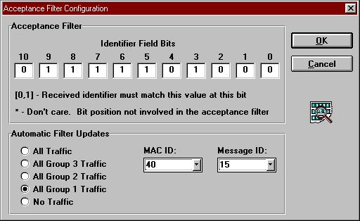 6 2 Setting the Acceptance Filter 2. Enter the appropriate information in the Identifier Field Bits edit box. 3.