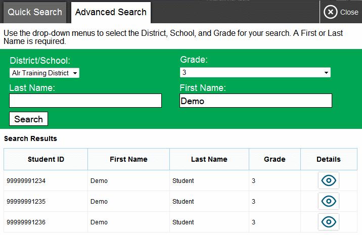 Figure 8. Student Lookup: Advanced Search 3. To view a student s information, click in the Details column.