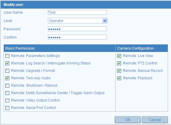In the Basic Permission field and Camera Configuration field, you can check or uncheck the permissions. 4.