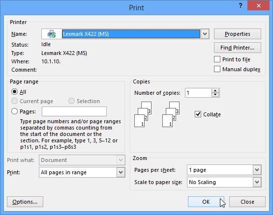 3. The Print dialog box will appear. Adjust the print settings if needed, then click OK.
