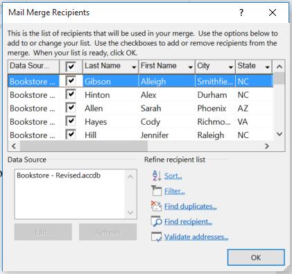 4. In the Mail Merge Recipients dialog box, you can check or uncheck each box to control which recipients are